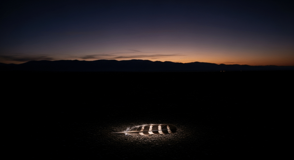 Vast prairie landscape at deep twilight with eagle feather