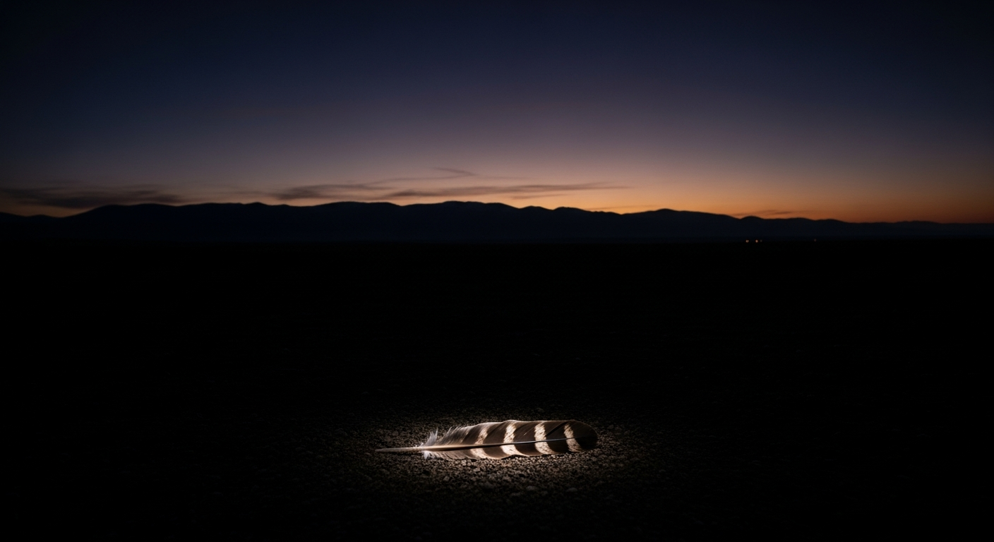 Vast prairie landscape at deep twilight with eagle feather