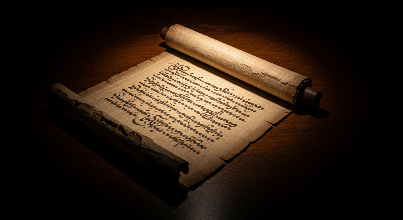 Papyrus scroll illuminated by focused beam of light