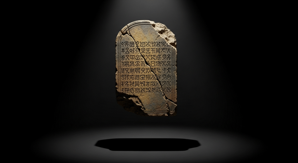 Weathered stone tablet with carved script in dramatic lighting
