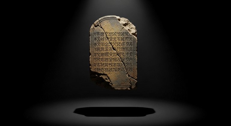 Weathered stone tablet with carved script in dramatic lighting