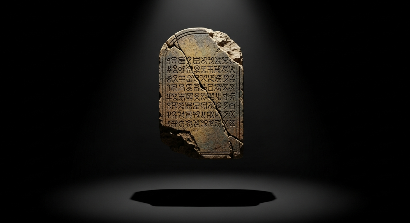 Weathered stone tablet with carved script in dramatic lighting