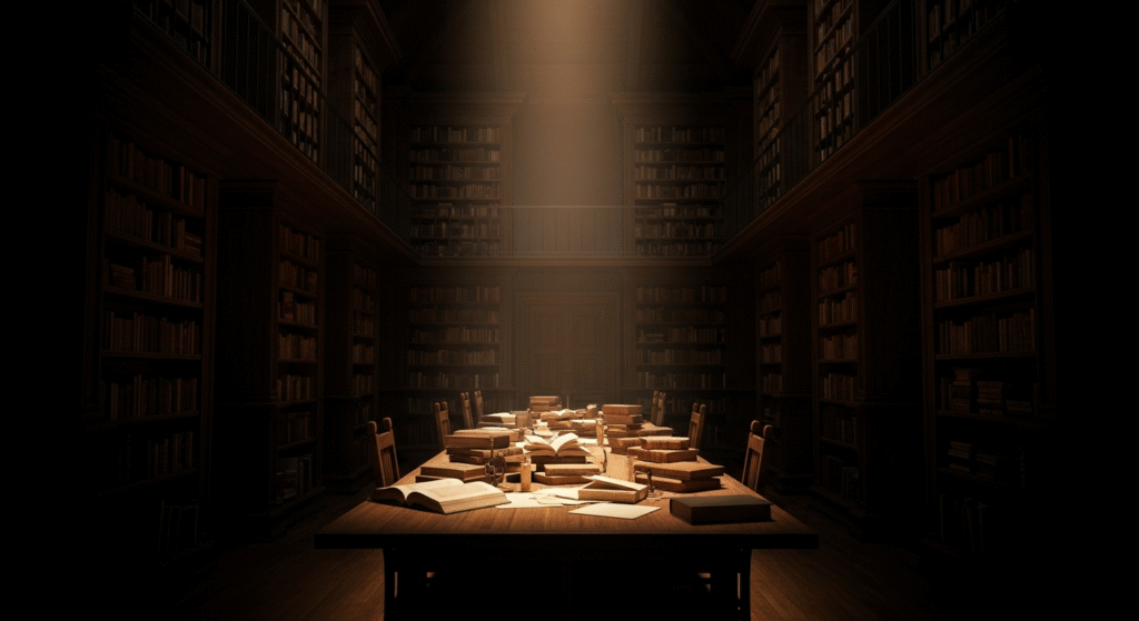 Ancient bookshelves and manuscripts in cinematic lighting