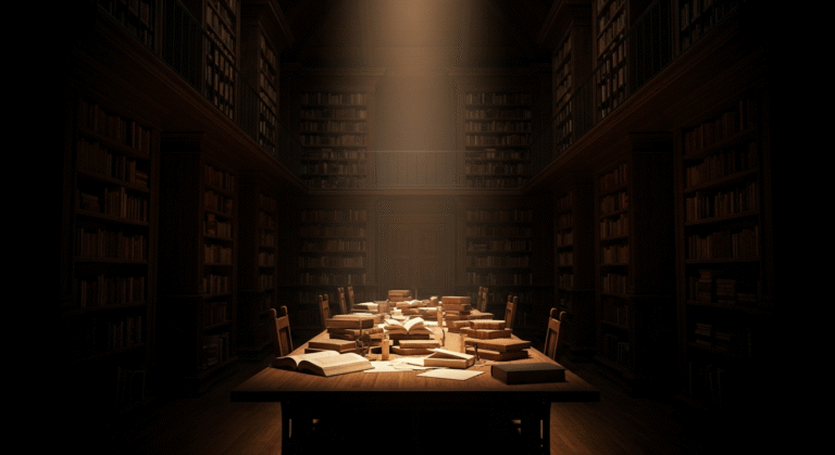 Ancient bookshelves and manuscripts in cinematic lighting