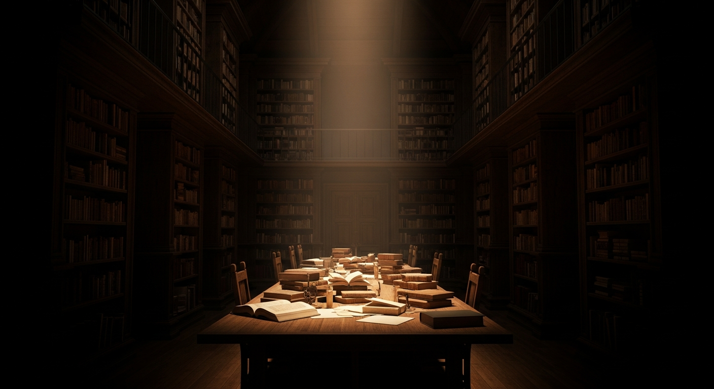 Ancient bookshelves and manuscripts in cinematic lighting