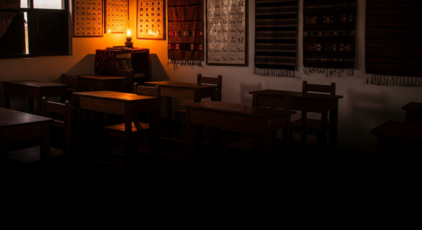 Cozy classroom with indigenous textiles and language charts