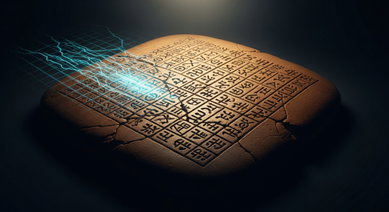 Ancient clay tablet with undeciphered symbols and a blue computational grid overlay