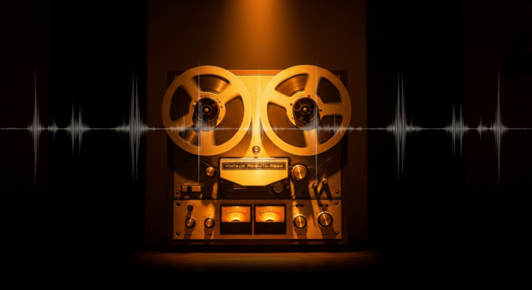 Vintage reel-to-reel tape recorder in warm amber light with sound wave visualizations