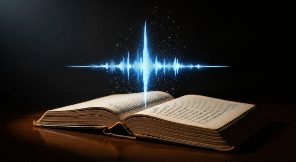 Weathered open book with glowing blue digital waveform rising from its pages