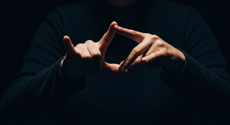 Hands forming sign language gestures in low-key lighting